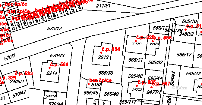 Borovina 554, Třebíč na parcele st. 2213 v KÚ Třebíč, Katastrální mapa
