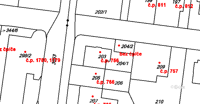 Střešovice 756, Praha na parcele st. 203 v KÚ Střešovice, Katastrální mapa