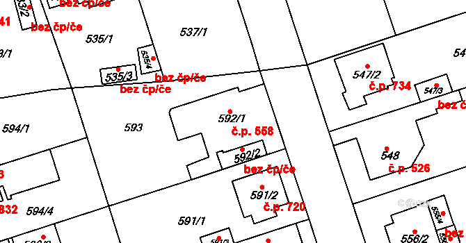 Čakovice 558, Praha na parcele st. 592/1 v KÚ Čakovice, Katastrální mapa