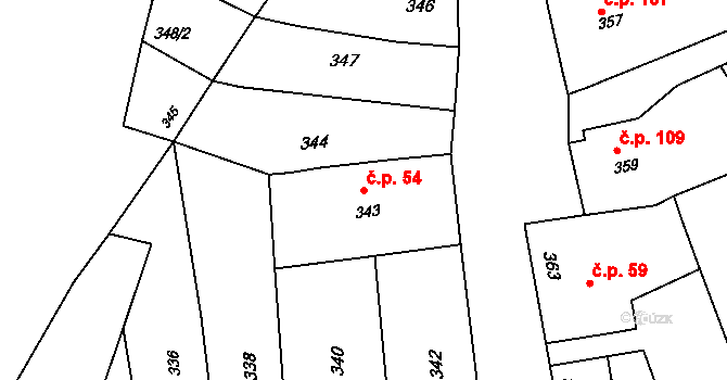 Unkovice 54 na parcele st. 343 v KÚ Unkovice, Katastrální mapa