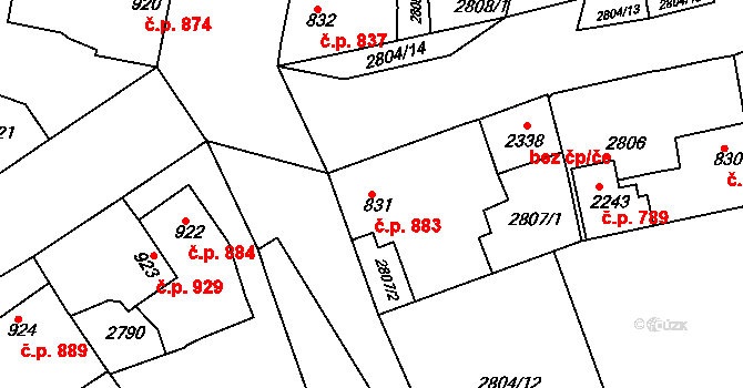 Rosice 883 na parcele st. 831 v KÚ Rosice u Brna, Katastrální mapa