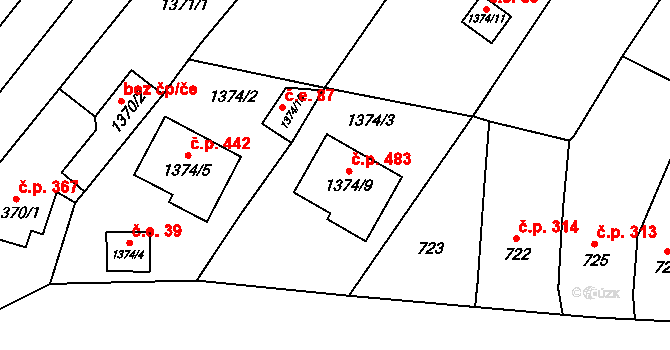 Pozořice 483 na parcele st. 1374/9 v KÚ Pozořice, Katastrální mapa