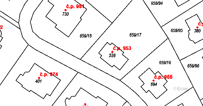 Hlubočinka 953, Sulice na parcele st. 538 v KÚ Sulice, Katastrální mapa