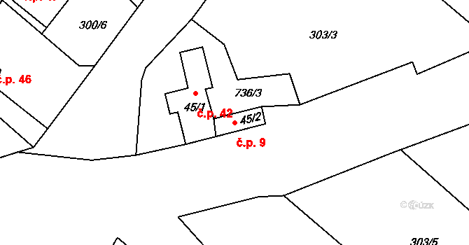 Rodvínov 9 na parcele st. 45/2 v KÚ Rodvínov, Katastrální mapa