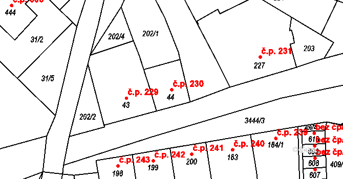 Želetava 230 na parcele st. 44 v KÚ Želetava, Katastrální mapa