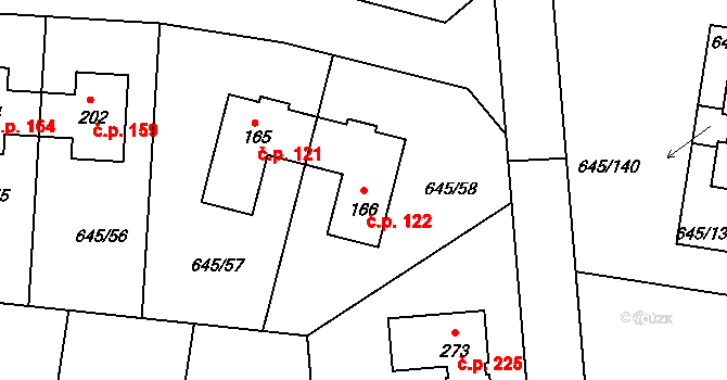 Kozinec 122, Holubice na parcele st. 166 v KÚ Kozinec, Katastrální mapa