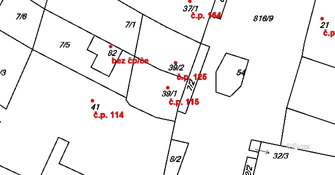 Šardičky 115, Kojátky na parcele st. 39/1 v KÚ Šardičky, Katastrální mapa