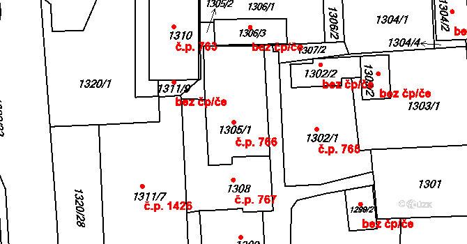 Brumov 766, Brumov-Bylnice na parcele st. 1305/1 v KÚ Brumov, Katastrální mapa