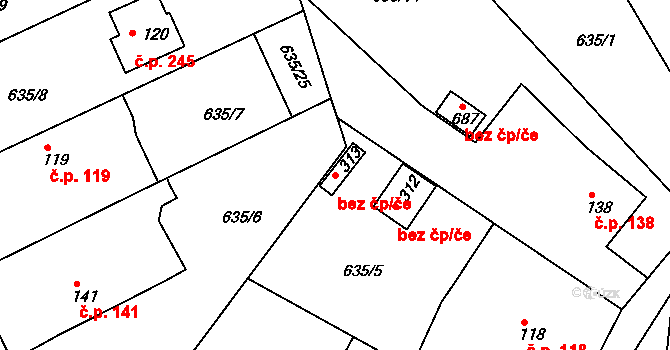 Písek 49971603 na parcele st. 313 v KÚ Hradiště u Písku, Katastrální mapa