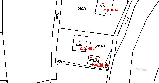 Lomnice 405 na parcele st. 580 v KÚ Lomnice u Tišnova, Katastrální mapa