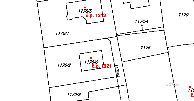 Třemošná 1221 na parcele st. 1176/6 v KÚ Třemošná, Katastrální mapa