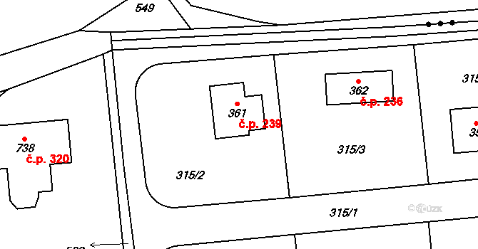 Únětice 239 na parcele st. 361 v KÚ Únětice u Prahy, Katastrální mapa