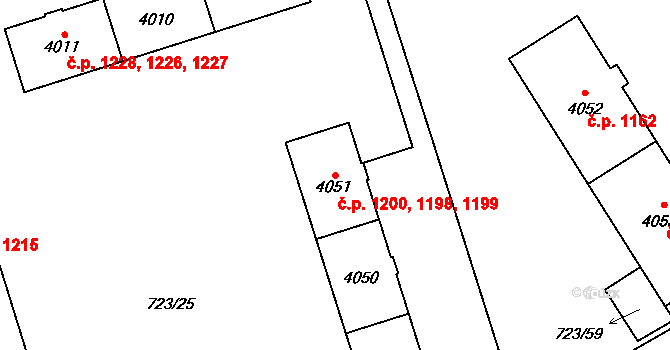 Bílé Předměstí 1198,1199,1200, Pardubice na parcele st. 4051 v KÚ Pardubice, Katastrální mapa