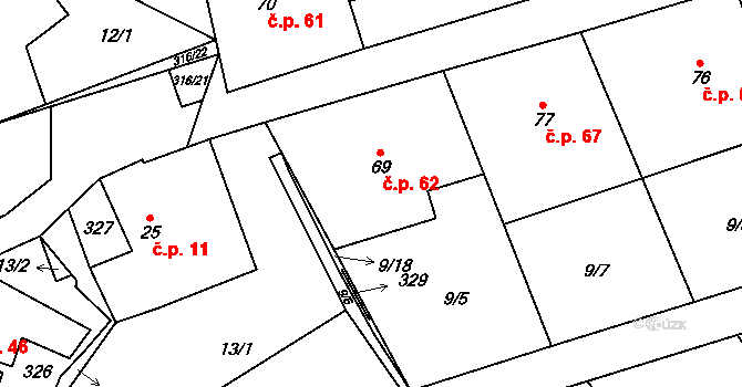 Housko 62, Vysočany na parcele st. 69 v KÚ Housko, Katastrální mapa