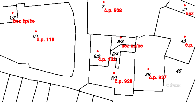 Mohelnice 122 na parcele st. 8/2 v KÚ Mohelnice, Katastrální mapa