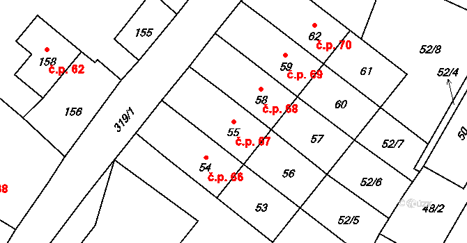 Jestřabí 67, Fulnek na parcele st. 55 v KÚ Jestřabí u Fulneku, Katastrální mapa
