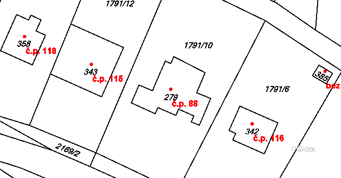 Hvězdonice 88 na parcele st. 279 v KÚ Hvězdonice, Katastrální mapa