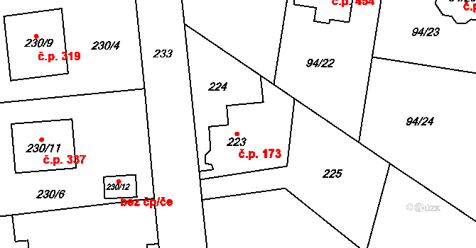 Zruč 173, Zruč-Senec na parcele st. 223 v KÚ Zruč, Katastrální mapa