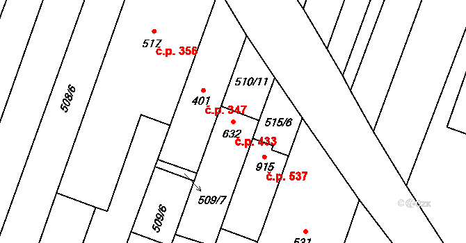 Šakvice 433 na parcele st. 632 v KÚ Šakvice, Katastrální mapa