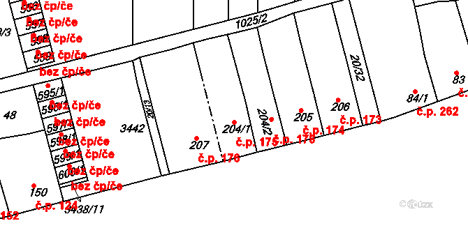 Nezamyslice 175 na parcele st. 204/1 v KÚ Nezamyslice nad Hanou, Katastrální mapa