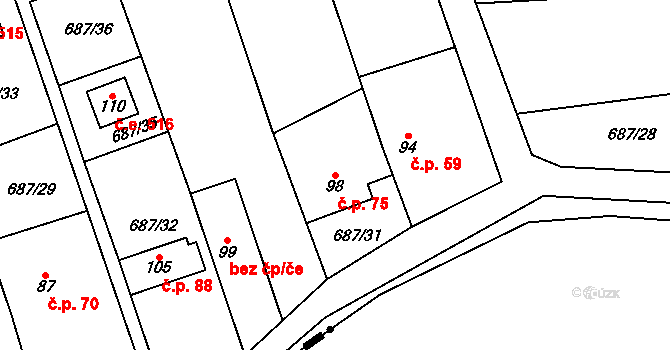 Hamry 75, Plumlov na parcele st. 98 v KÚ Hamry, Katastrální mapa