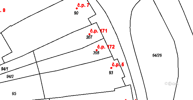 Rostěnice 172, Rostěnice-Zvonovice na parcele st. 308 v KÚ Rostěnice, Katastrální mapa