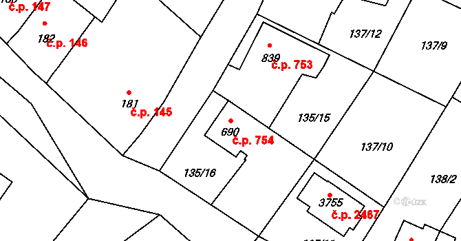 Říčany 754 na parcele st. 690 v KÚ Říčany u Prahy, Katastrální mapa