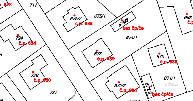 Roztoky 639 na parcele st. 673 v KÚ Roztoky u Prahy, Katastrální mapa