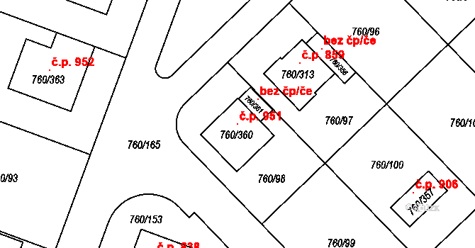 Letňany 951, Praha na parcele st. 760/360 v KÚ Letňany, Katastrální mapa