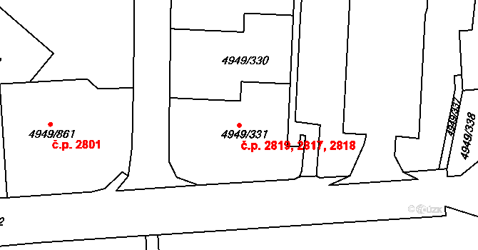 Severní Terasa 2817,2818,2819, Ústí nad Labem na parcele st. 4949/331 v KÚ Ústí nad Labem, Katastrální mapa