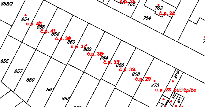 Černá Pole 33, Brno na parcele st. 864 v KÚ Černá Pole, Katastrální mapa