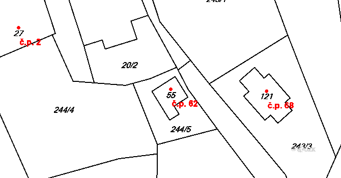 Osiky 62 na parcele st. 55 v KÚ Osiky, Katastrální mapa