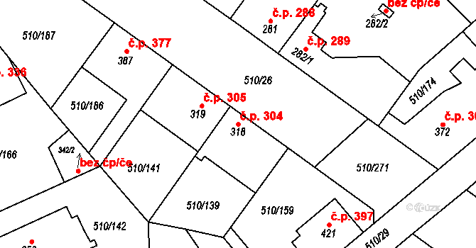 Sendražice 304, Kolín na parcele st. 318 v KÚ Sendražice u Kolína, Katastrální mapa