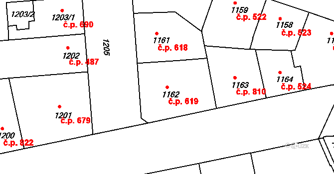 Žižkov 619, Praha na parcele st. 1162 v KÚ Žižkov, Katastrální mapa