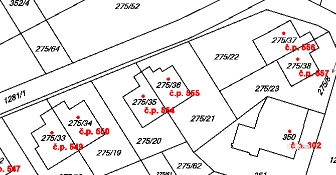 Nebušice 555, Praha na parcele st. 275/36 v KÚ Nebušice, Katastrální mapa