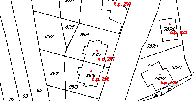 Droždín 297, Olomouc na parcele st. 88/7 v KÚ Droždín, Katastrální mapa
