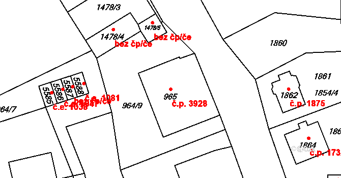 Chomutov 3928 na parcele st. 965 v KÚ Chomutov I, Katastrální mapa