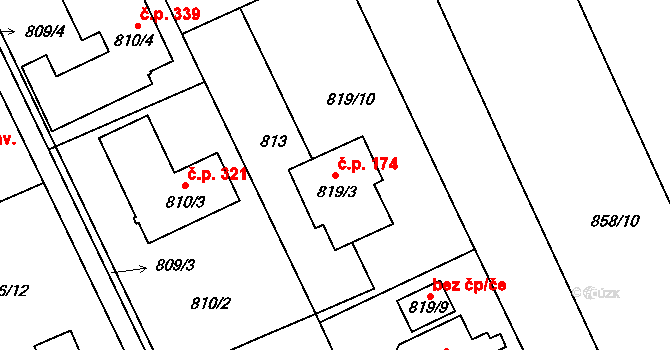 Těchov 174, Blansko na parcele st. 819/3 v KÚ Těchov, Katastrální mapa