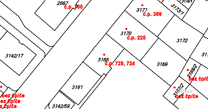 Lobzy 724,725, Plzeň na parcele st. 3165 v KÚ Plzeň, Katastrální mapa