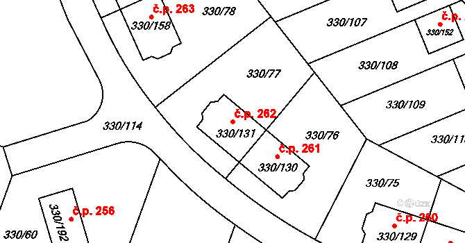 Hlušovice 262 na parcele st. 330/131 v KÚ Hlušovice, Katastrální mapa