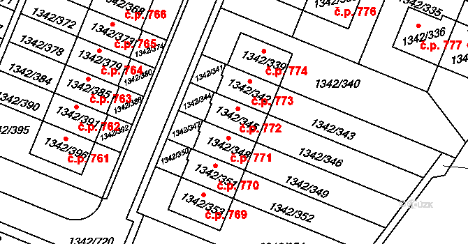 Jinonice 772, Praha na parcele st. 1342/345 v KÚ Jinonice, Katastrální mapa