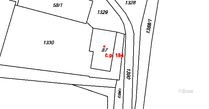 Tylov 184, Lomnice na parcele st. 87 v KÚ Tylov, Katastrální mapa