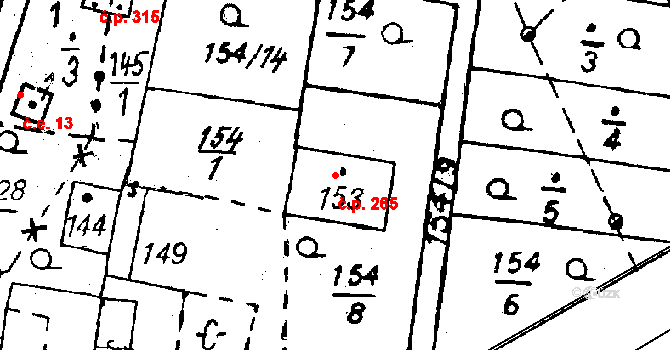 Dolní Sekyřany 265, Heřmanova Huť na parcele st. 153 v KÚ Dolní Sekyřany, Katastrální mapa