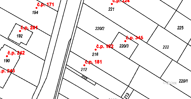 Pohořelice 182 na parcele st. 216 v KÚ Pohořelice u Napajedel, Katastrální mapa