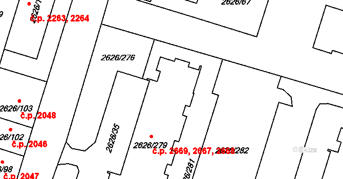 Předměstí 2667,2668,2669, Opava na parcele st. 2626/279 v KÚ Opava-Předměstí, Katastrální mapa