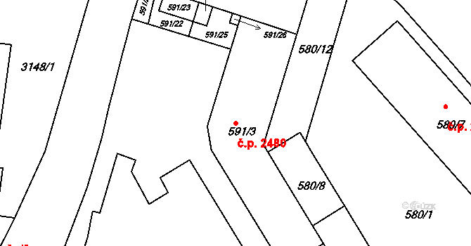 Pelhřimov 2480 na parcele st. 591/3 v KÚ Pelhřimov, Katastrální mapa