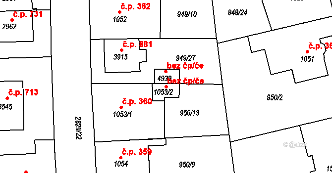 Rokycany 48185604 na parcele st. 1053/2 v KÚ Rokycany, Katastrální mapa