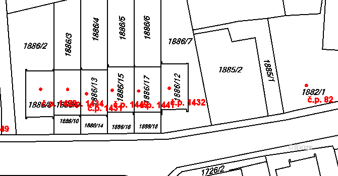 Třešť 1432 na parcele st. 1886/12 v KÚ Třešť, Katastrální mapa