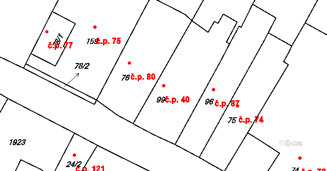 Skočice 40, Přeštice na parcele st. 99 v KÚ Skočice u Přeštic, Katastrální mapa