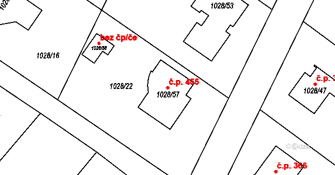 Křelov 455, Křelov-Břuchotín na parcele st. 1028/57 v KÚ Křelov, Katastrální mapa